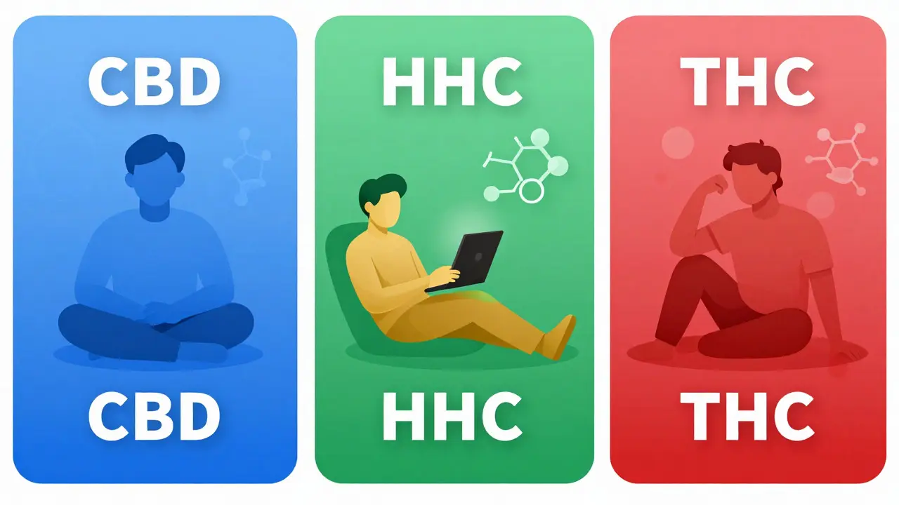Konceptuální ilustrace porovnávající účinky CBD, HHC a THC