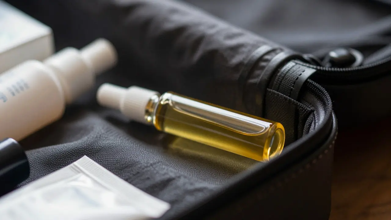 Záběr na nabíječku s olejem v otevřeném kufříku cestovatele