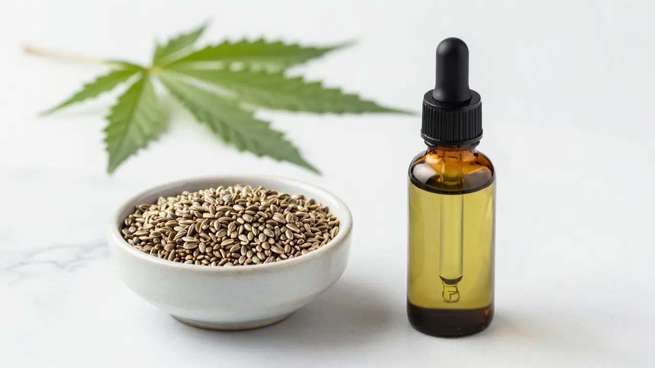 Konopná semínka vedle lahvičky s CBD olejem na mramoru