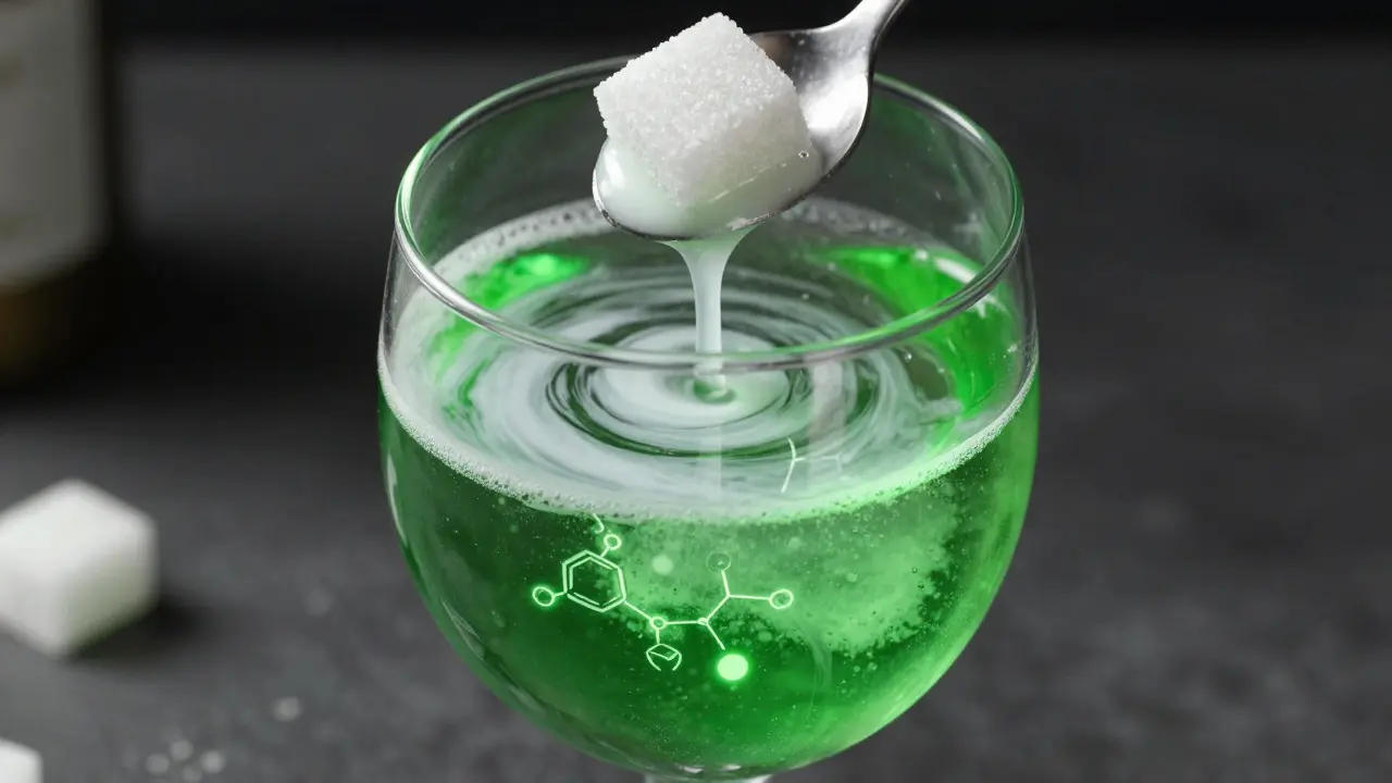 Makro záběr na přípravu absintu s efektem louche a molekulárními strukturami