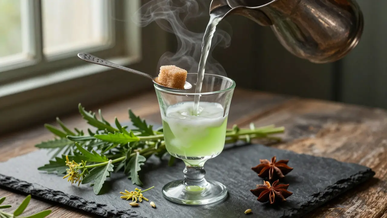 Příprava absinthe s louche efektem, cukrem a bylinkami v krystalové sklenici
