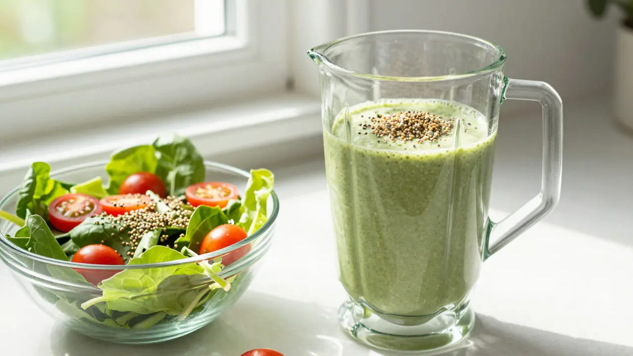 Smoothie se semínky konopí a salát na slunečním stole