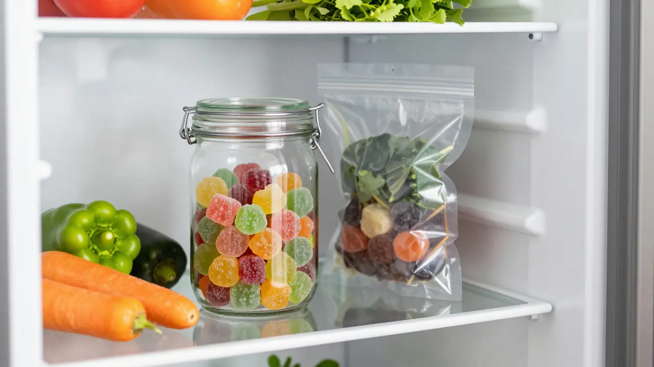 Správně skladované konopné edibles ve vzduchotěsné nádobě v chladničce