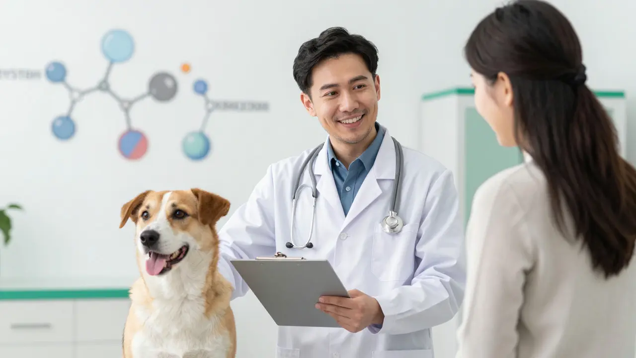 Veterinář vyšetřuje zdravého psa v klinice