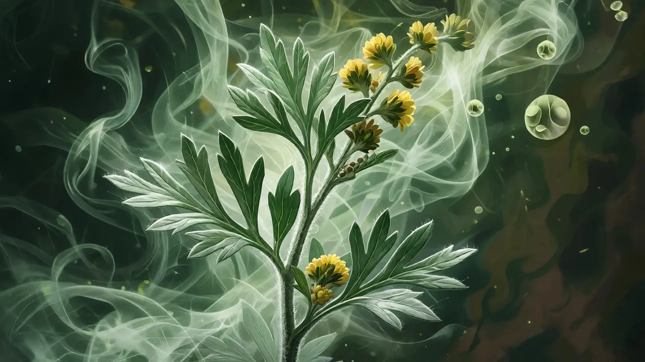 Detailní ilustrace rostliny pelyňku pravého s abstraktními výpary thujonu