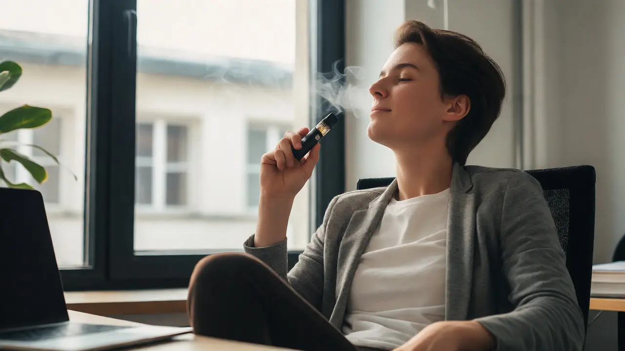 Diskrétní kouření HHC vapu v kancelářském prostředí s malým obláčkem páru