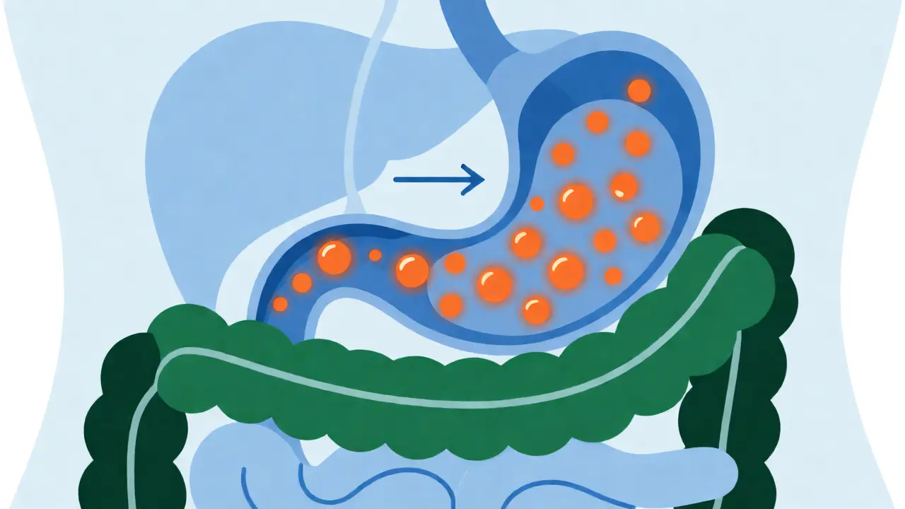 Ilustrace trávicího systému znázorňující pomalé vstřebávání THC z gummy do jater
