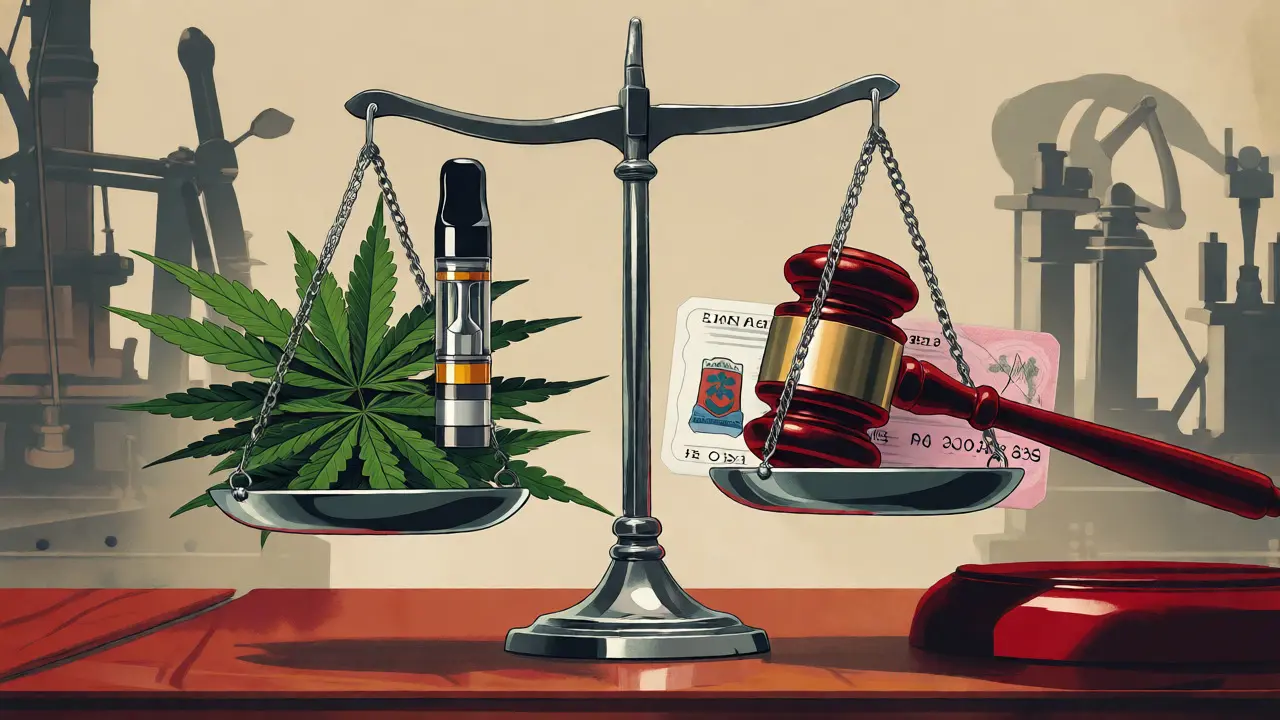 Ilustrace váhy spravedlnosti s konopím a úředními dokumenty pro legislativu ČR.