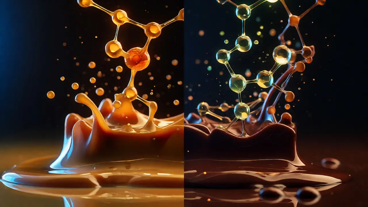 Konceptuální makro snímek rozpuštěné čokolády a molekul terpenů symbolizujících účinky