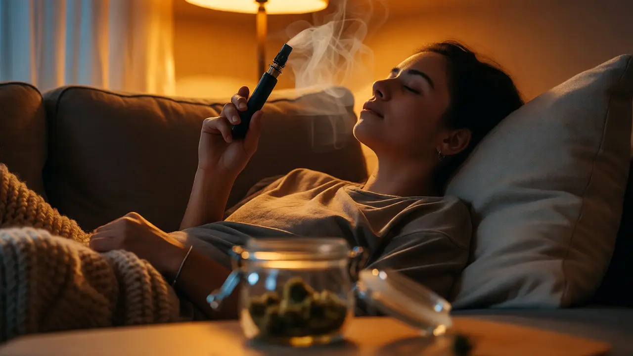 Osoba relaxující večer s vapem konopí