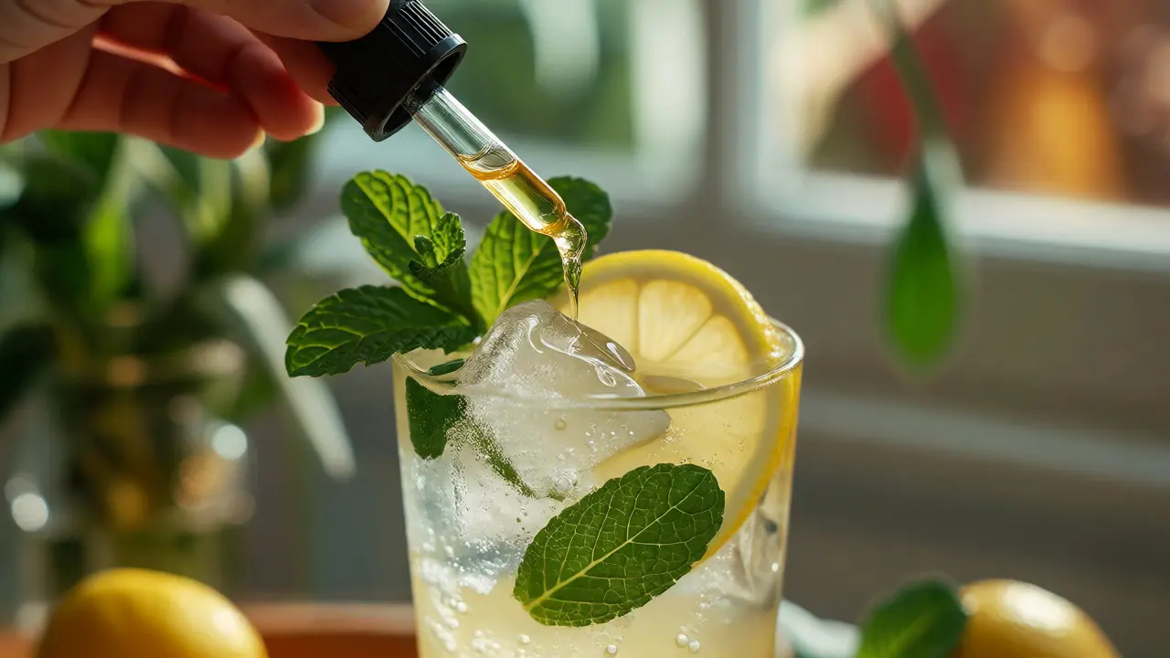 Přidávání CBD oleje do osvěžujícího mocktailu s ledem a citronem