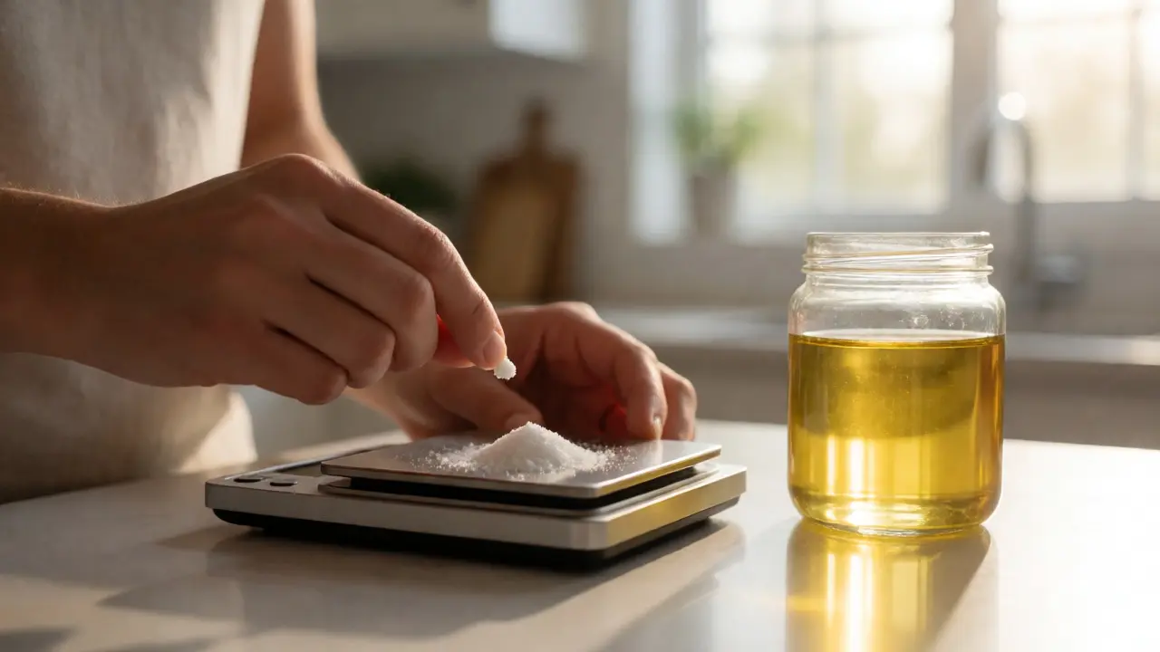 Ruce vážící jemný prášek CBD krystalů na digitální váze v kuchyni