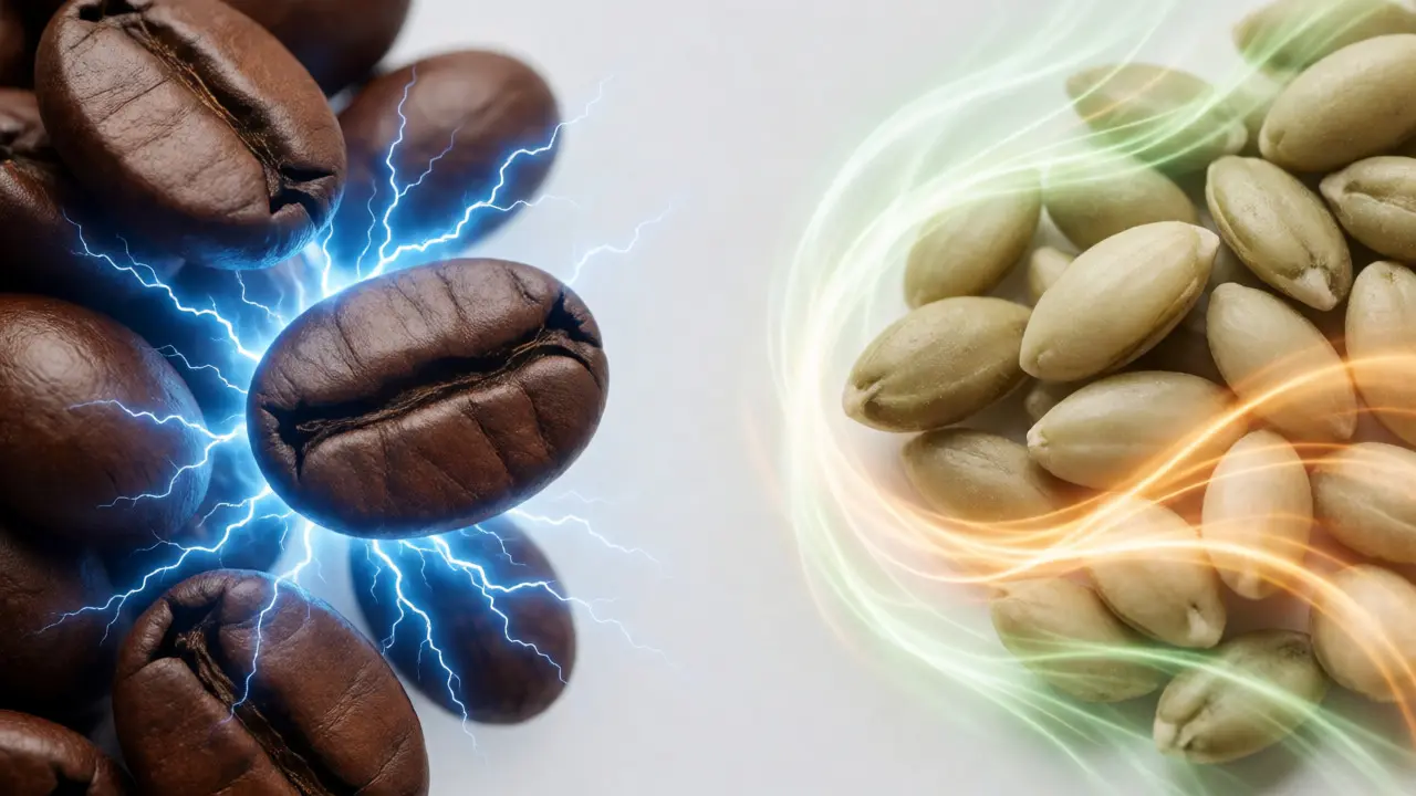 Vizuální srovnání rychlé energie z kávy a stabilní energie z konopí