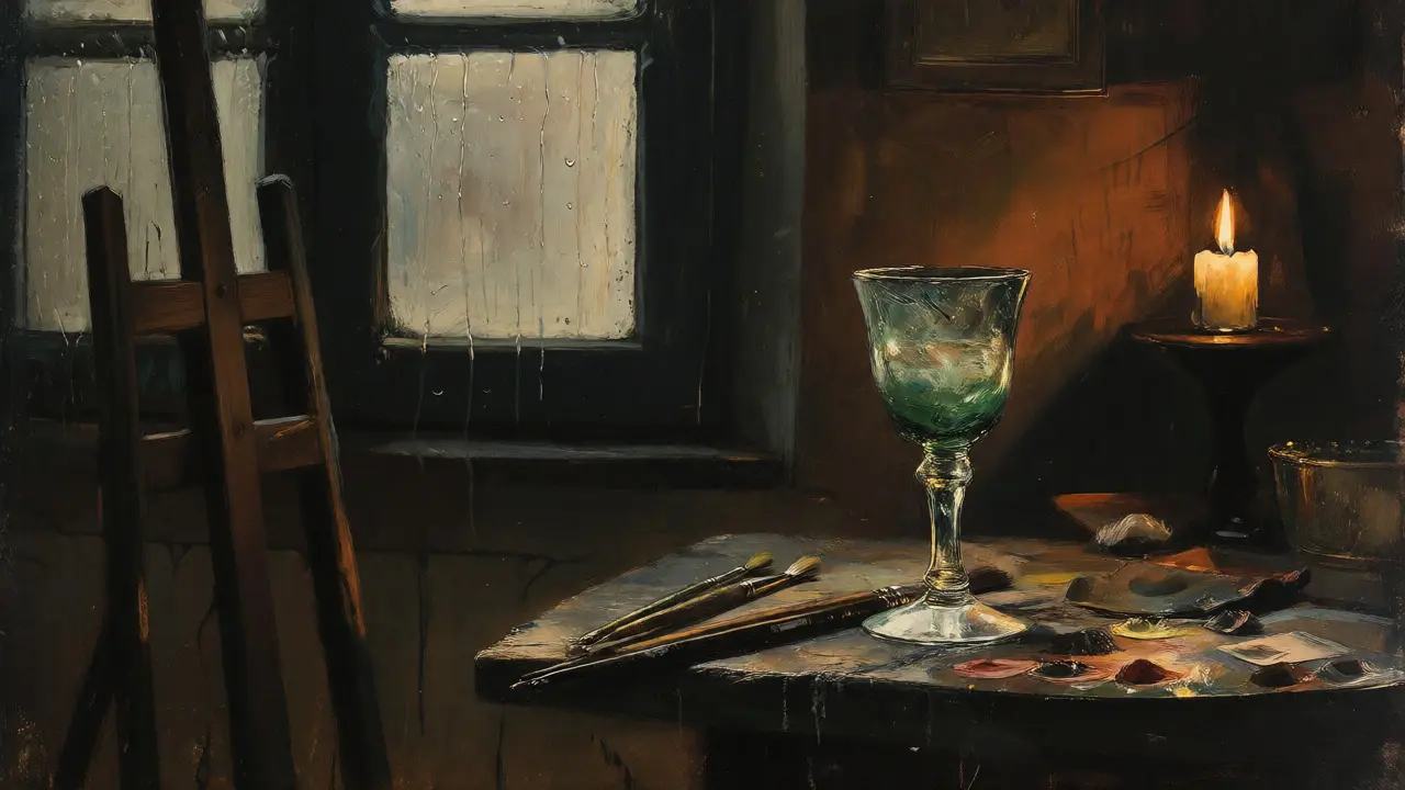 Výjev z uměleckého ateliéru s prázdnou sklenicí od absintu ve stylu 19. století