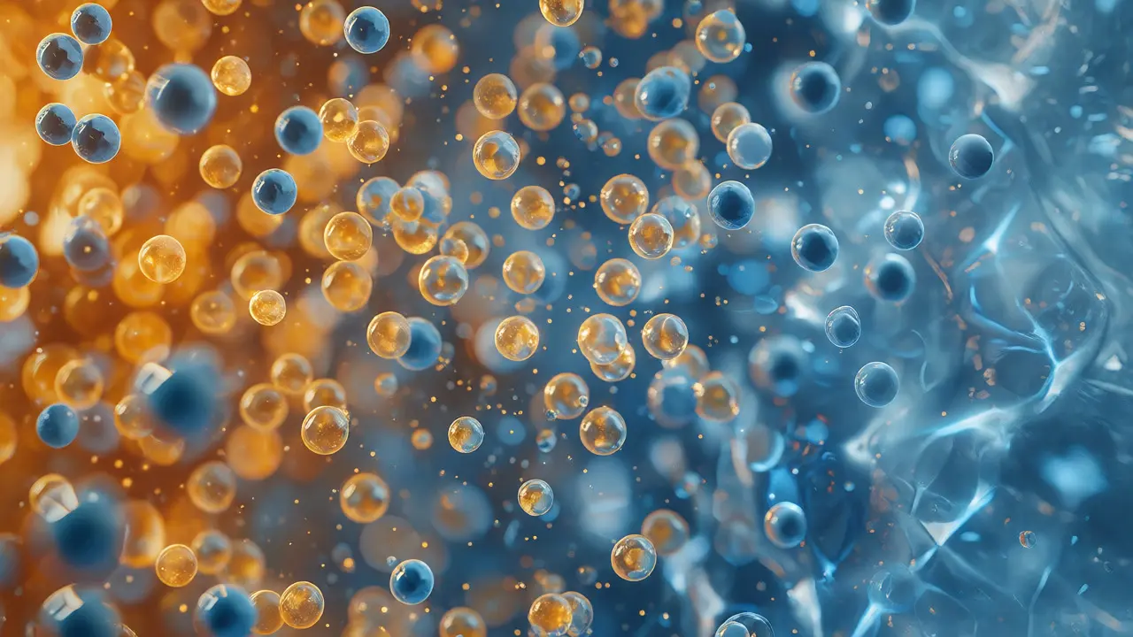 Abstraktní vizualizace nanoemulze kanabinoidů v kapalině