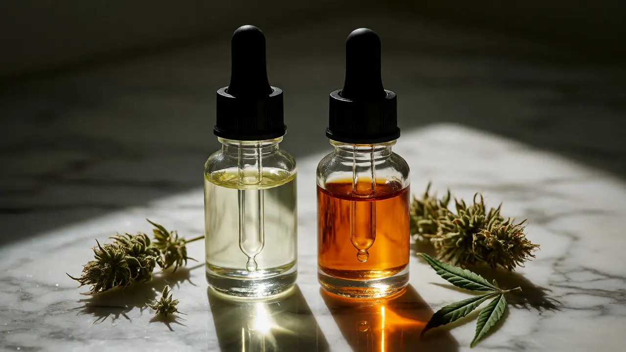 Dvě lahvičky s oleji CBD a CBG vedle sušených květů konopí