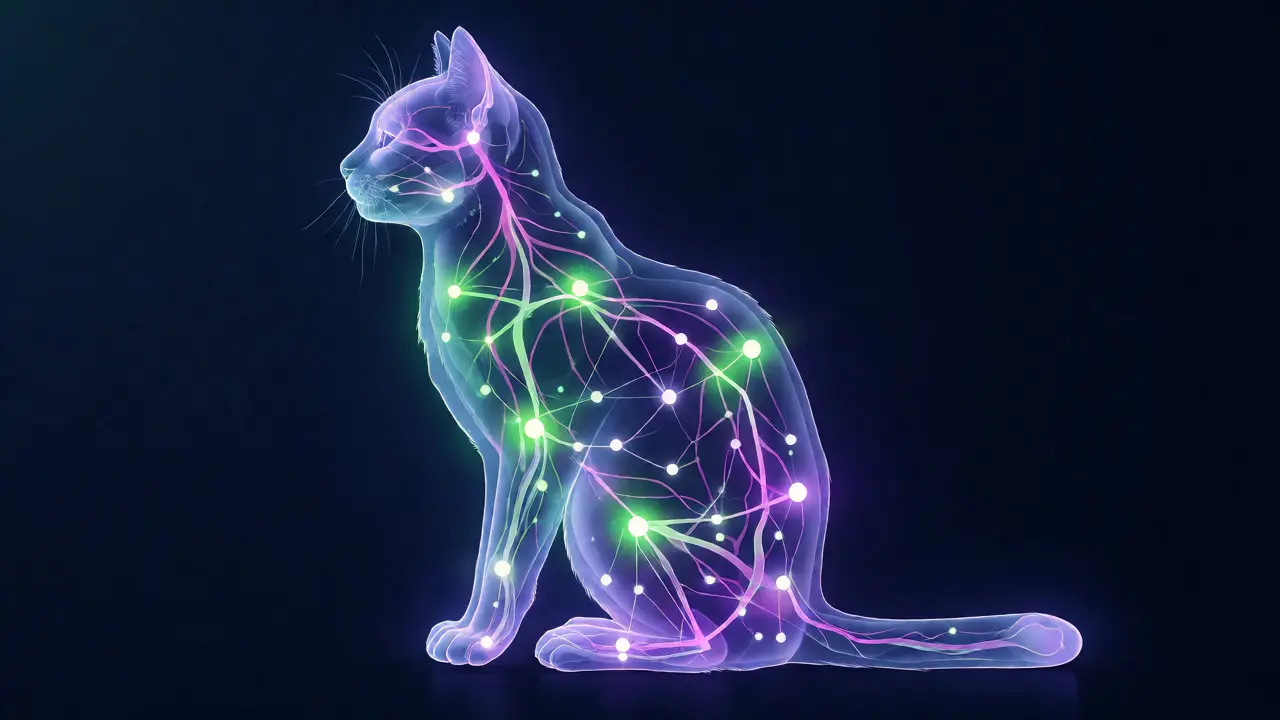 Konceptuální ilustrace endokanabinoidního systému u kočky
