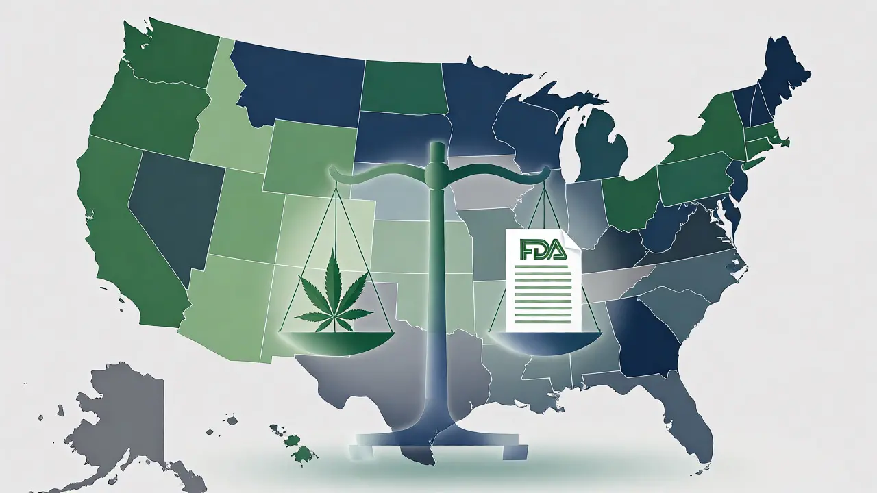 Konceptuální ilustrace mapy USA znázorňující rozdílnou legislativu států ohledně CBD.