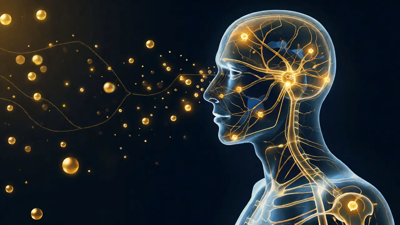 Konceptuální znázornění interakce molekul CBD s receptory endokanabinoidního systému