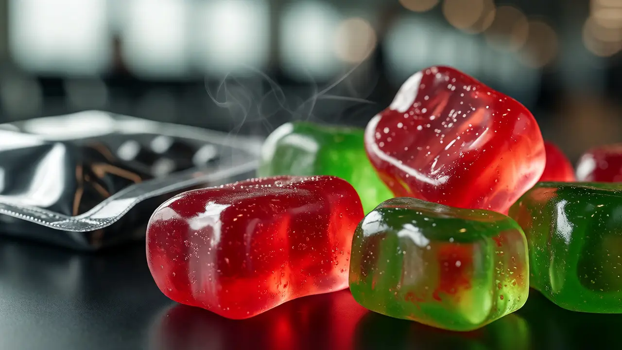 Makro záběr na lesklé ovocné gummy bonbóny s jemnými stopy vůně unikajícími do vzduchu.