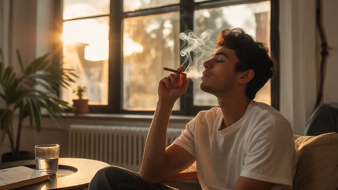 Mladý člověk v klidu kouří CBD joint u okna za slunečního svitu