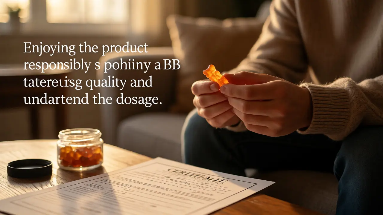 Osoba v pohodlném obýváku drží CBD guminku vedle certifikátu analýzy produktu.