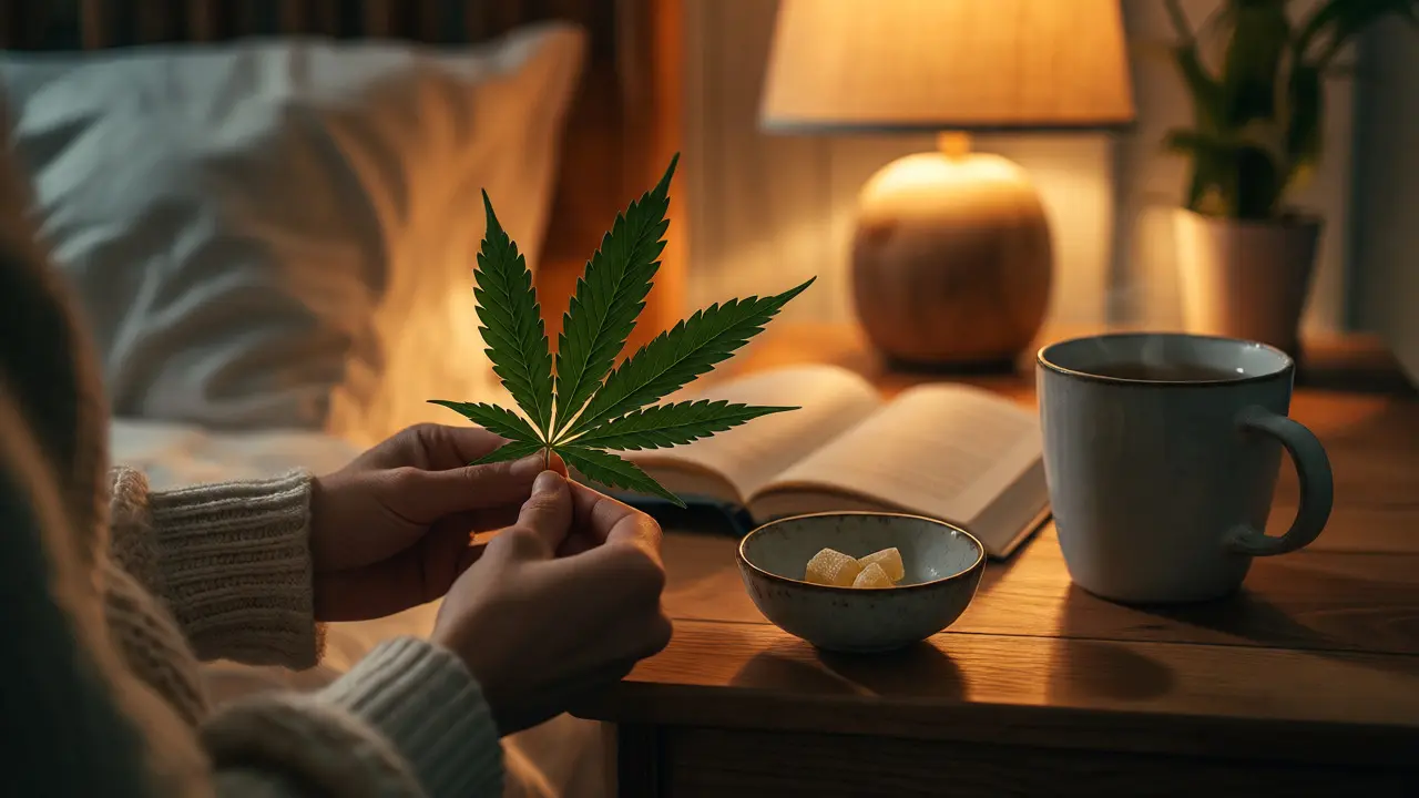 Relaxační večerní scéna s konopným lístkem a CBD gumami na nočním stolku