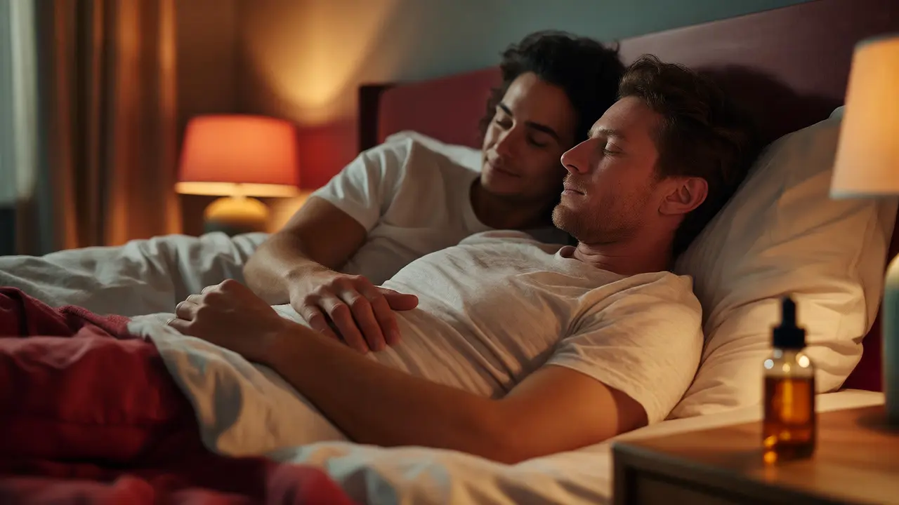 Romantická scéna páru v ložnici s lahvičkou kanabinoidního oleje na nočním stolku