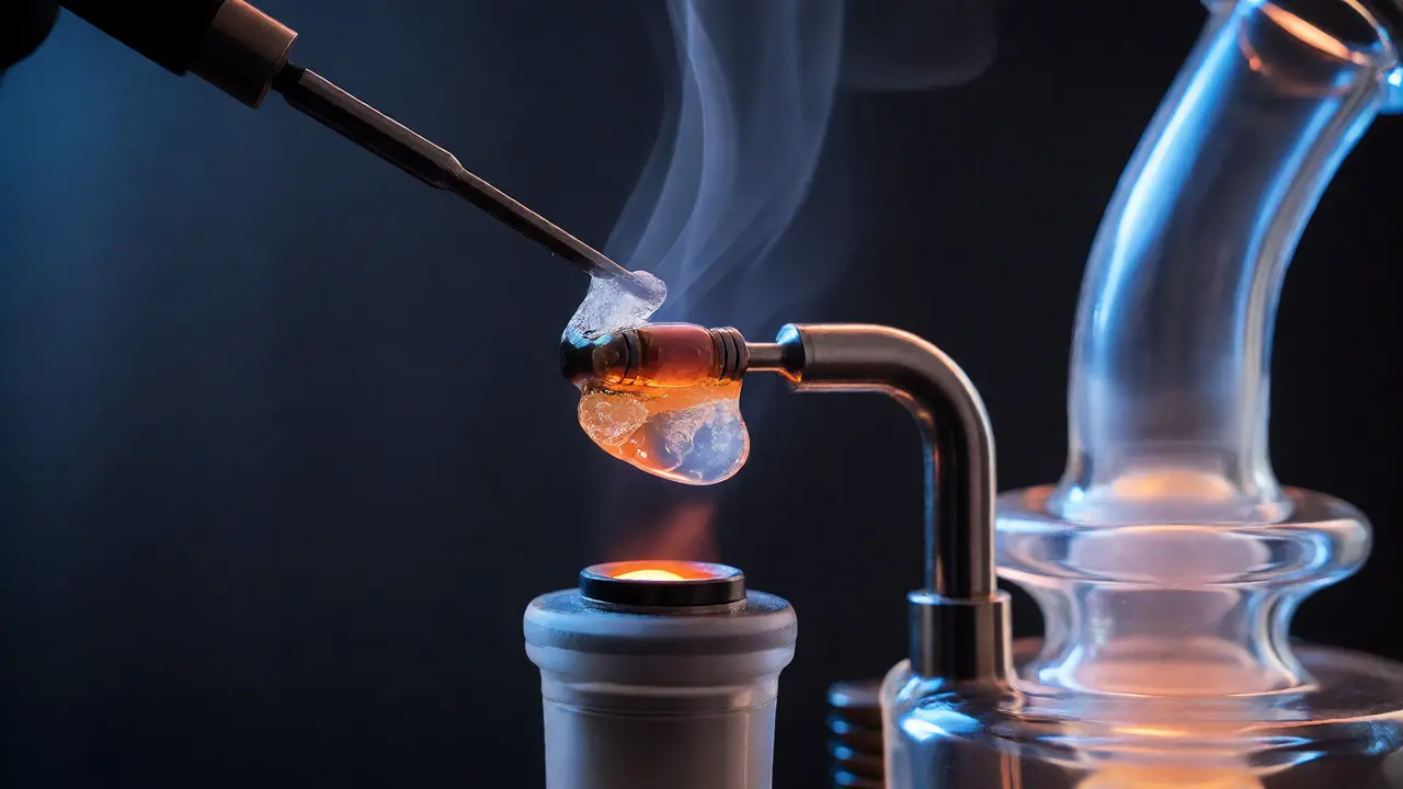 Roztápění kousku CBD shatteru na zahřátém bangeru při dabbingu