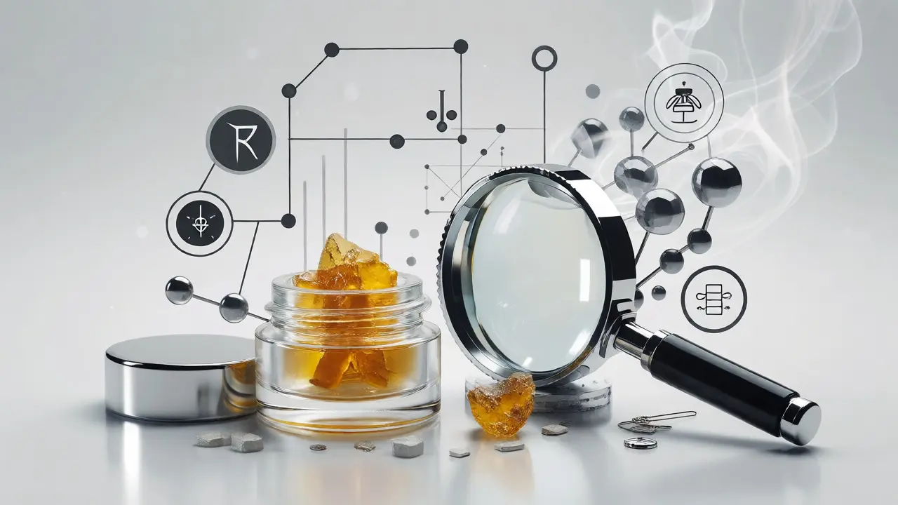 Skleněná dóza s CBD shatterem symbolizující laboratorní kontrolu kvality