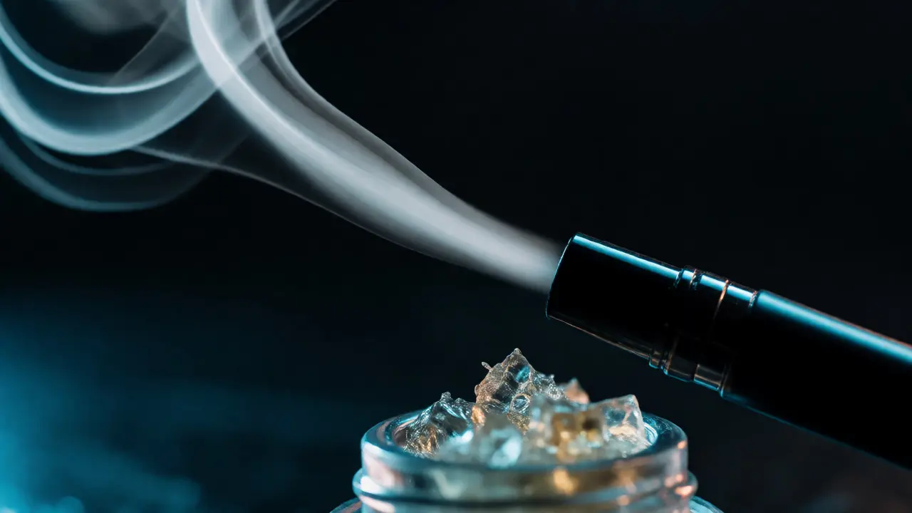 Vaporizér s výronem páry a sklovitý CBD shatter na pozadí