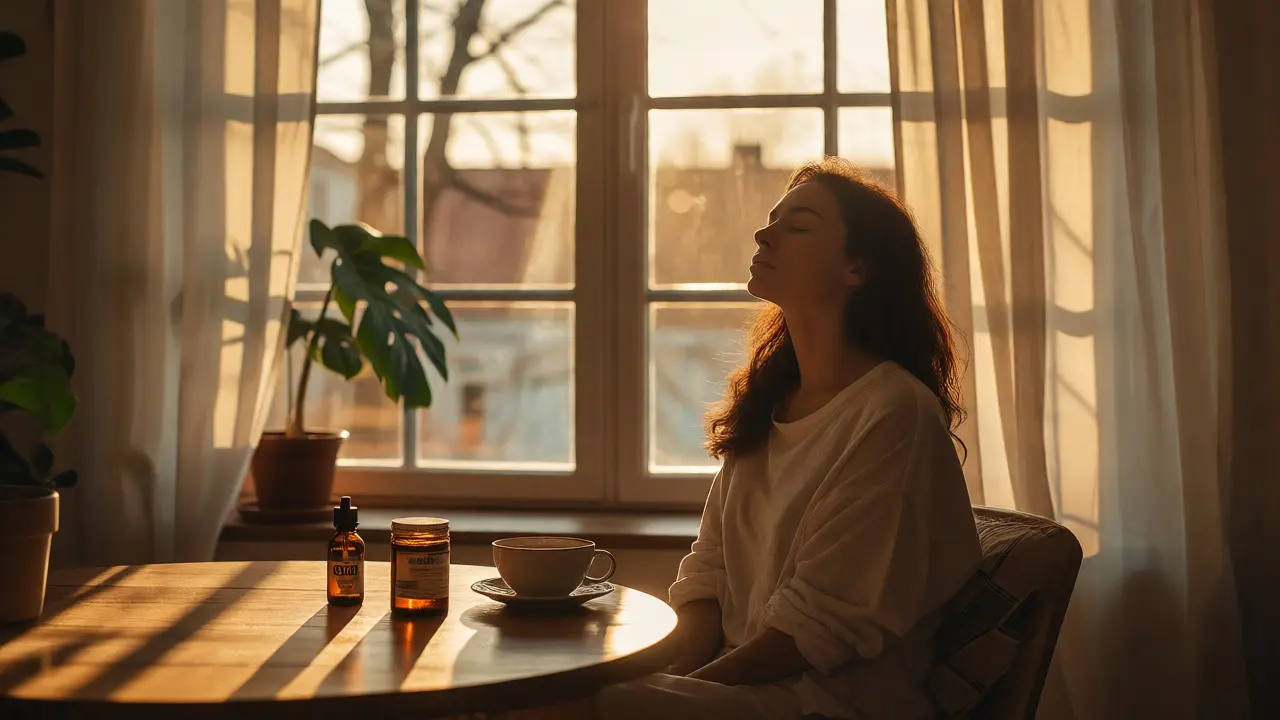 Žena relaxující u okna s láhví CBD oleje na stole ve slunečním světle